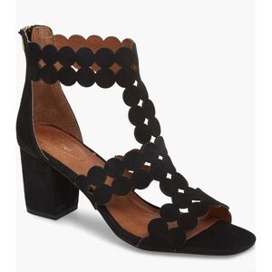 Novara Block Heel Sandal- Sudini style. Black suede with back zipper.